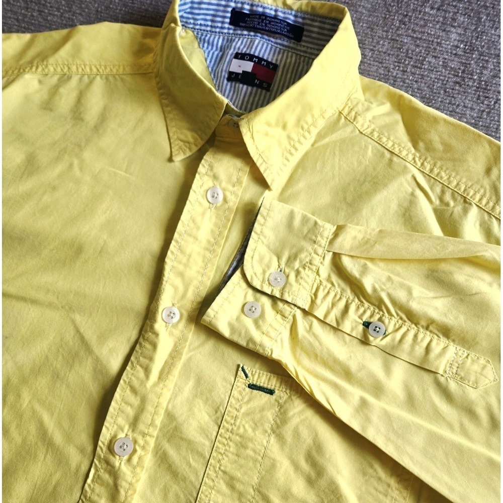 Tommy Jeans Mens Long Sleeve Button Down Shirt Yellow Cotton‎ Size M Flag Logo